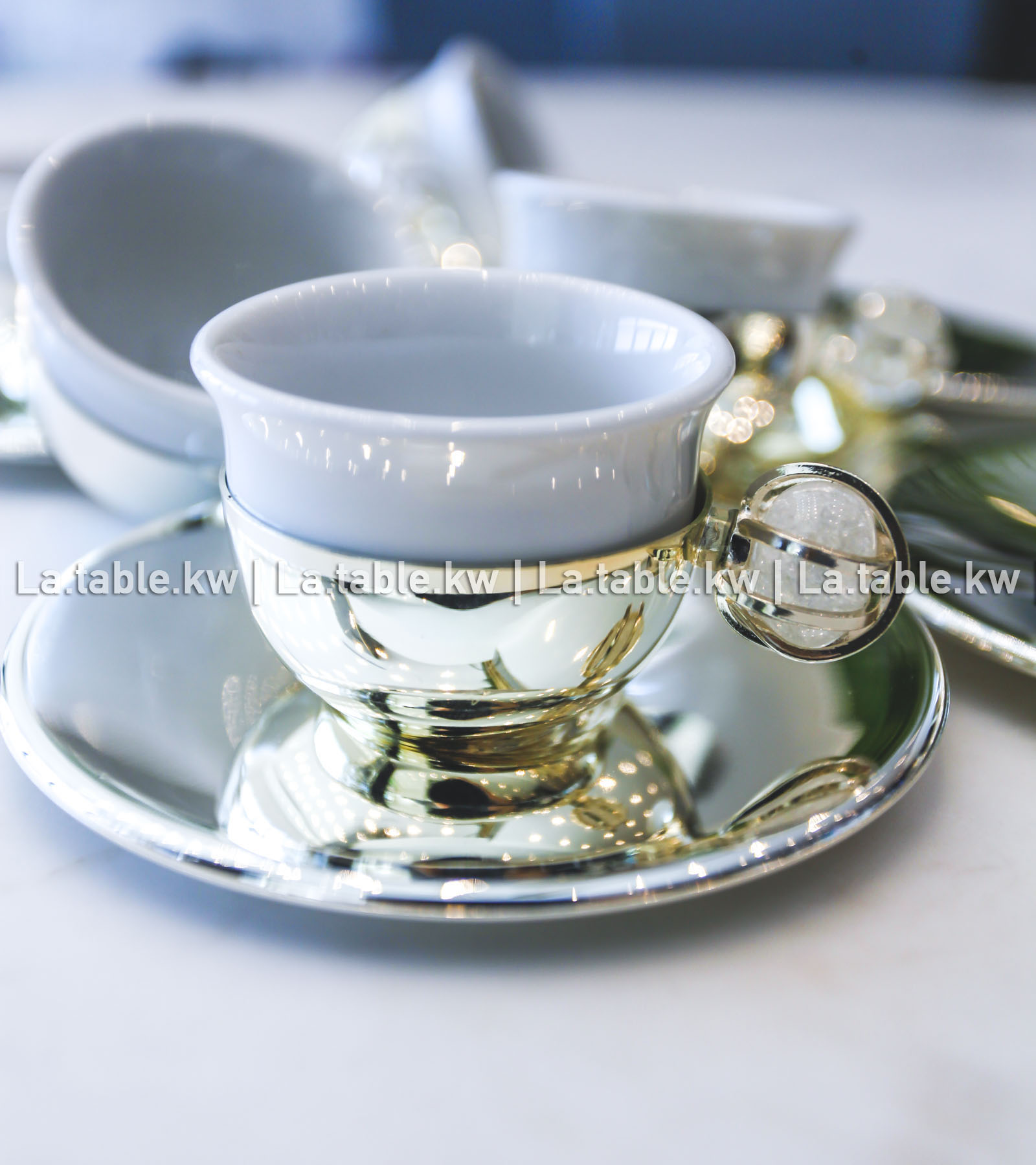 White Stone Designed Chrome Arabic Coffee Cups with Saucers
