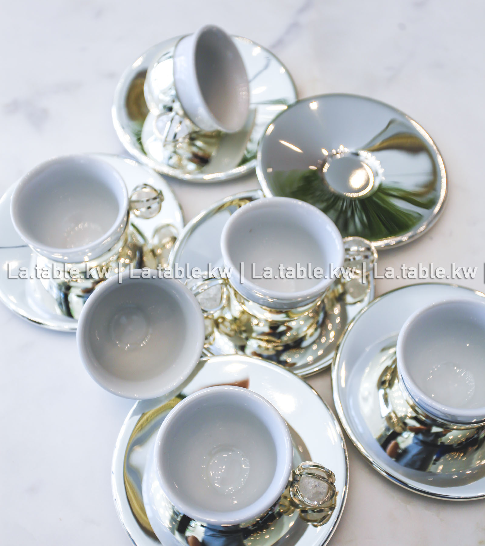 White Stone Designed Chrome Arabic Coffee Cups with Saucers