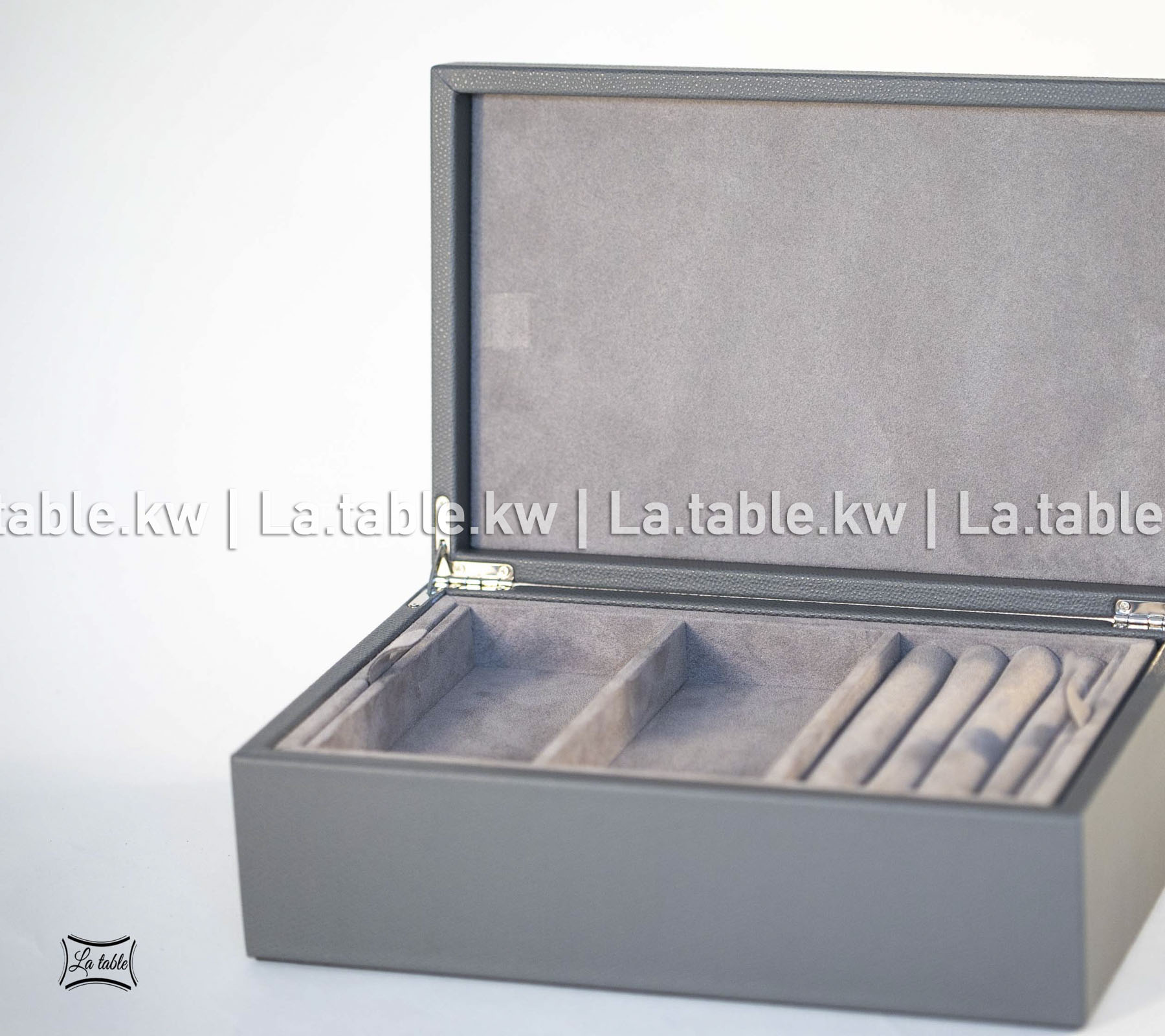 Gray Leather Jewelry Box with Inlayed Lid