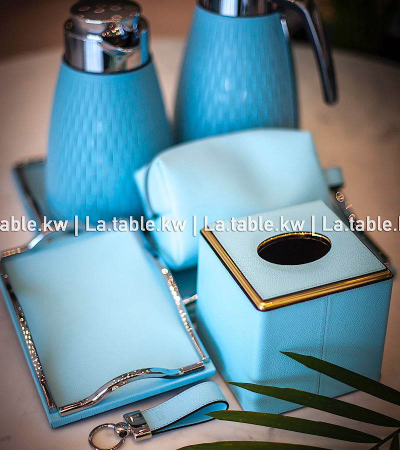 Aqua Leather Square Tissue Box