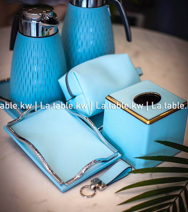 Aqua Leather Square Tissue Box