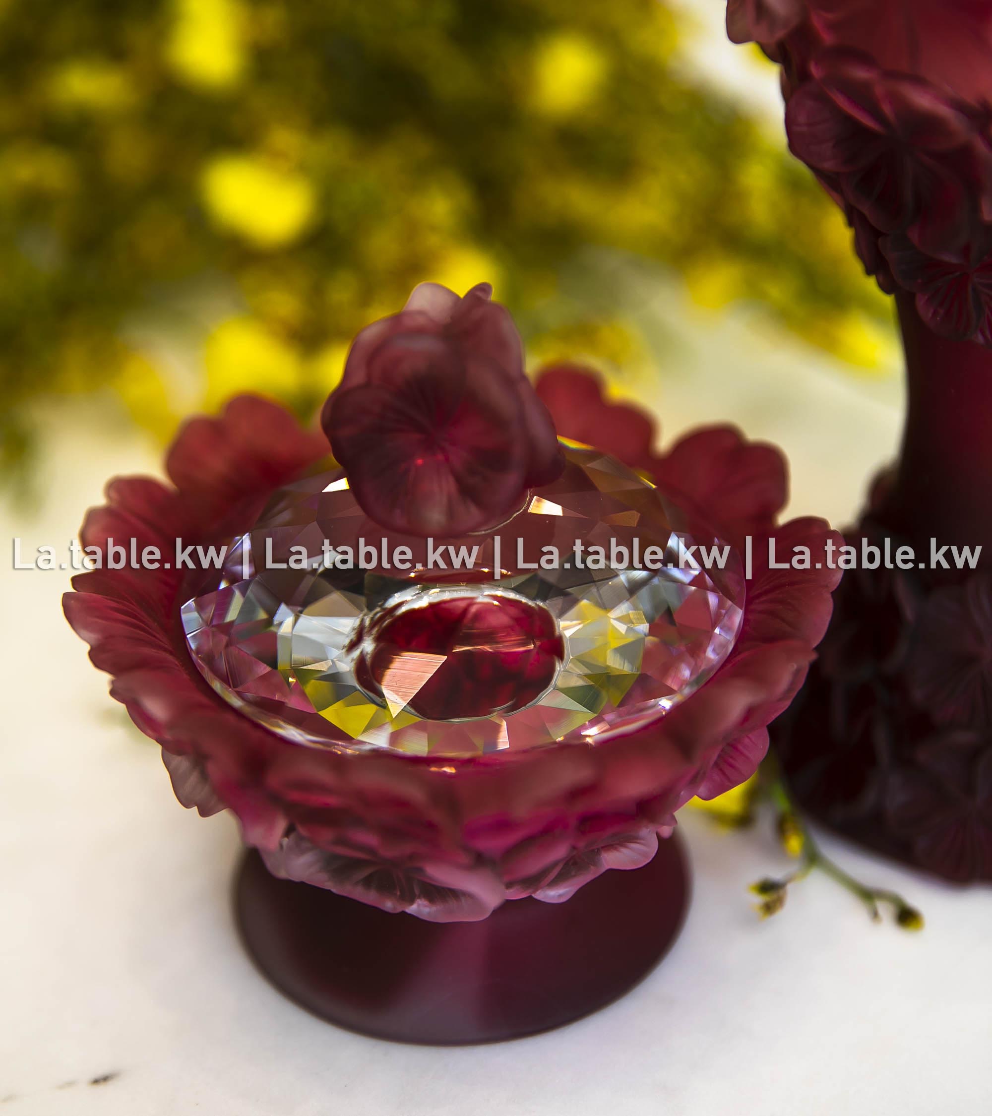 Ruby Crystal Petals Mubkhar Set with Silver Lid