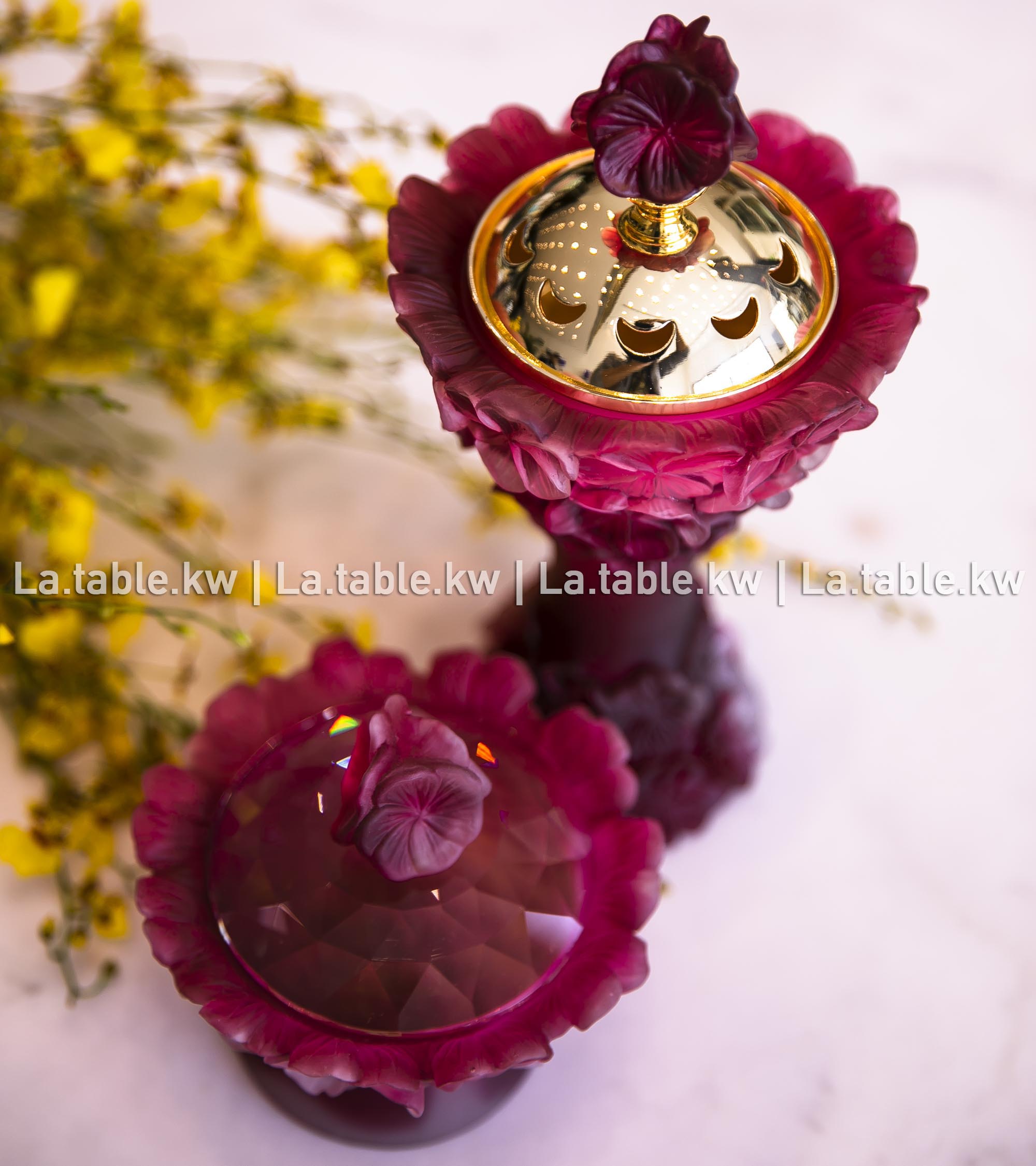 Ruby Crystal Petals Mubkhar Set with Silver Lid