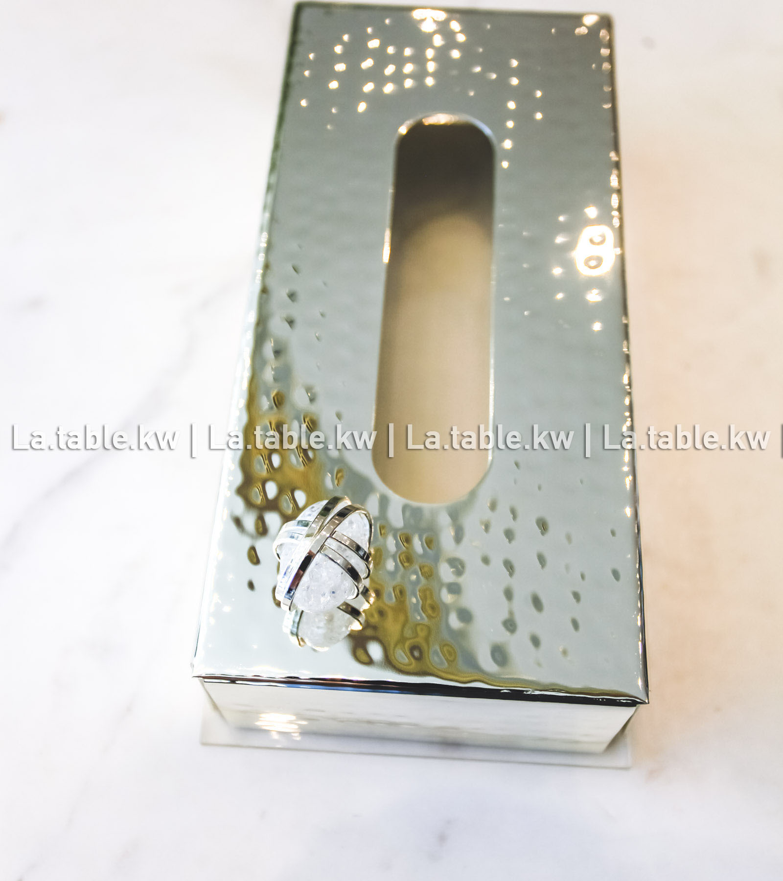 White Stone Designed Chrome Tissue Box / علبة مناديل من الكروم بتصميم الحجر الابيض